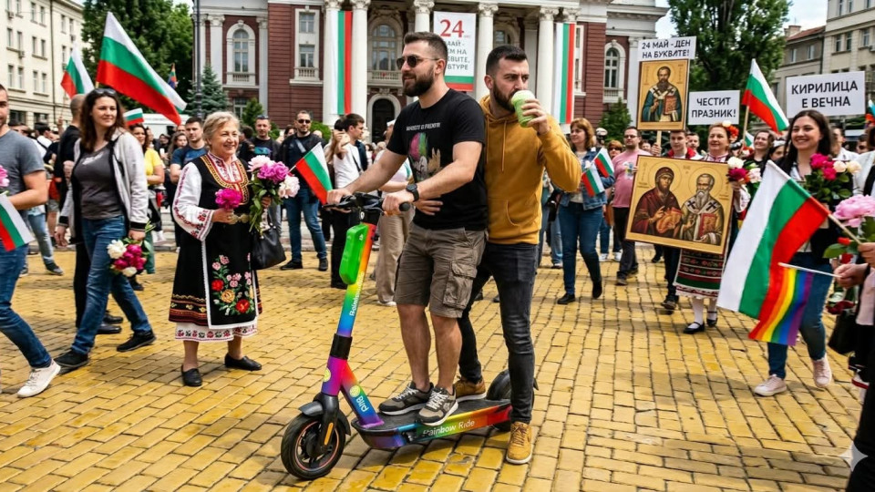 София, жълтите павета. 24-ти май. Чефо и Лефо се поклащат несигурно върху споделена електрическа тротинетка с цветовете на дъгата